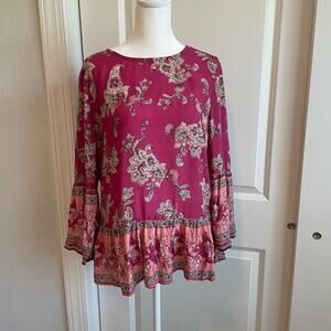 BeachLunchLounge Floral Boho Pink Flowy Long Sleeve Top Size S